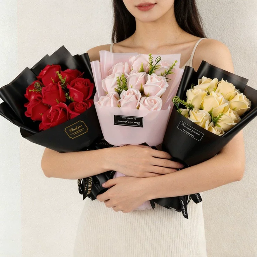 9 Heads Soap Flower Rose Bouquet Artificial Flower for Christmas Wedding Birthday Party Valentine's Day DIY Gift Home Decoration