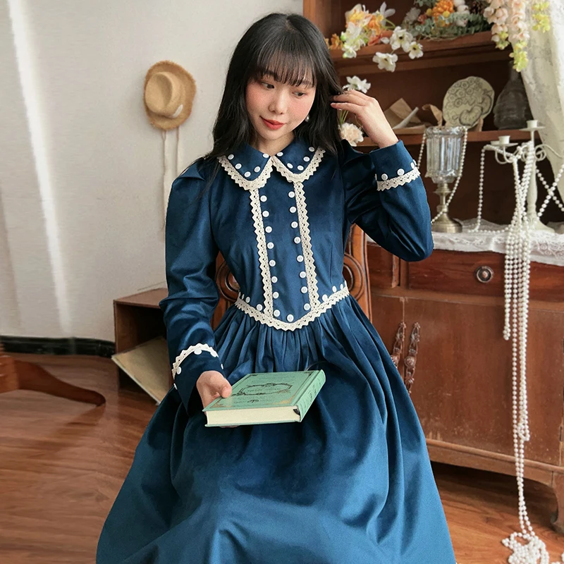 Anxin sh princesa retro vintage lapela tribunal cisne azul veludo elegante manga longa flor renda zíper vestido de noite personalizado