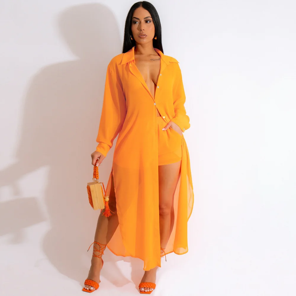 

Fashion Women's Suit Long Sleeve Slit Long Shirt And See-Through Shorts Solid Color Summer Ladies Two-Piece Set