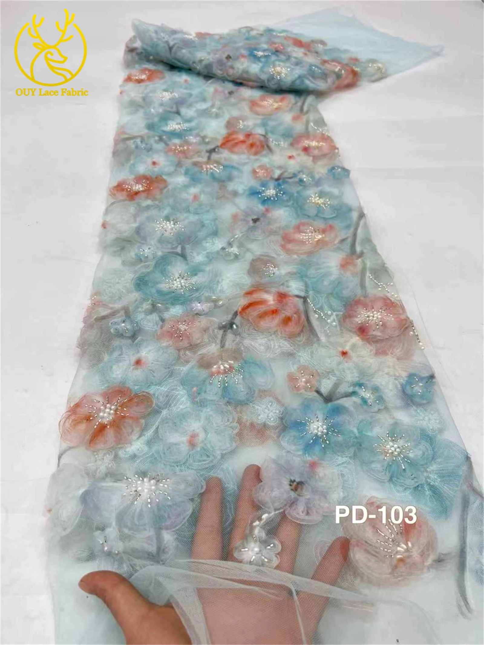 3D Flower Fashion French Mesh Floral Embroidery Lace Fabric African High Quality Beaded Lace Fabric for Women's Wedding Dresses