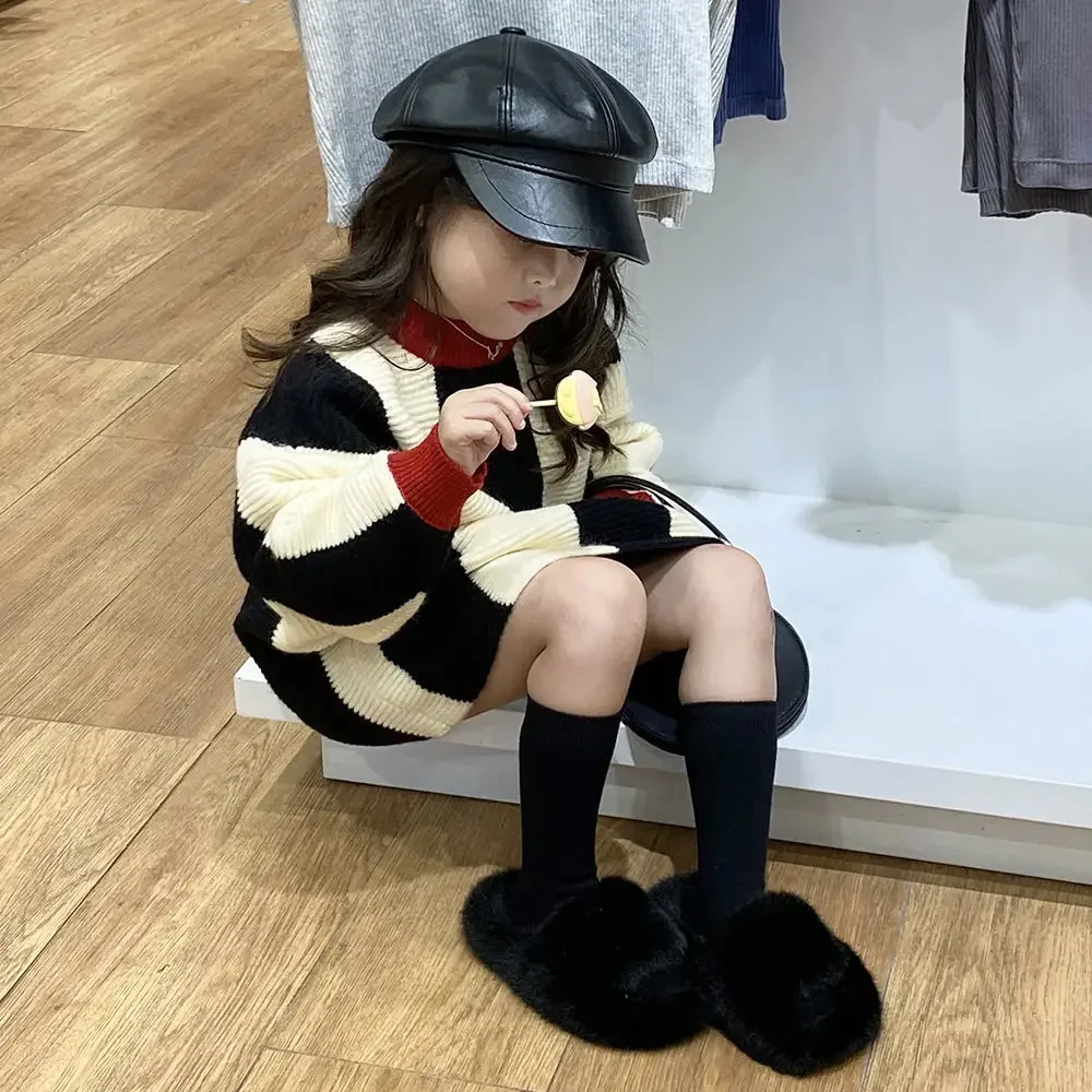 Girls Contrasting Striped Sweater Korean Clothing 2024 Autumn and Winter New Children Korean Medium and Long Knitted Sweater