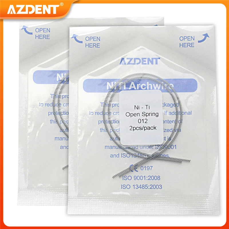 AZDENT-resorte abierto de ortodoncia Dental, muelles de bobina elástica Niti, tamaño 0.010x180mm, 0.012x180mm, suministros de odontología, 2 unids/lote por paquete