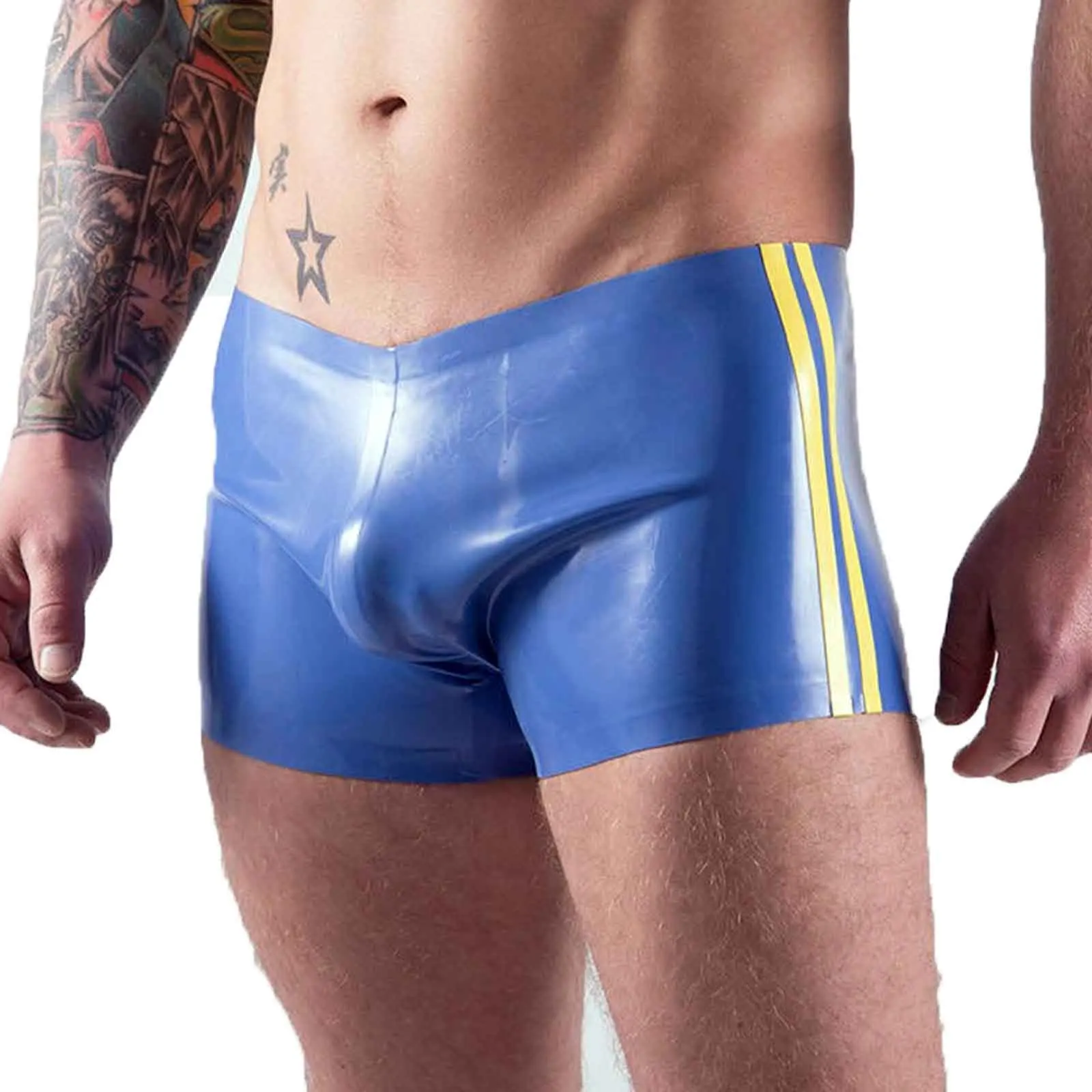 

MONNIK Latex Shorts Briefs Rubber Men Underpants with Twin Side Stripes Boxer Shorts for Party Bodysuit Clubwear