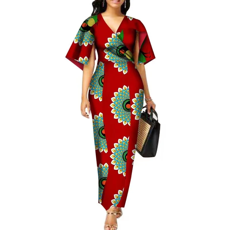 

GuyaWax Summer Traveling Fashion African Dresses for Women Dashiki Plus Size African Clothes Vestidos Deep V-Neck Party Dress