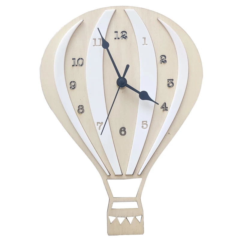 Children's Wall Clock Cartoon Wooden Hot Air Balloon Shaped Non-Ticking Silent Clocks Boy Bedroom Nursery Living Room Decoration