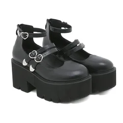 Scarpe con plateau tacchi grossi neri per donna fibbia a cuore scarpe Lolita gotiche punta tonda Mary Janes décolleté Cosplay donna taglia 43