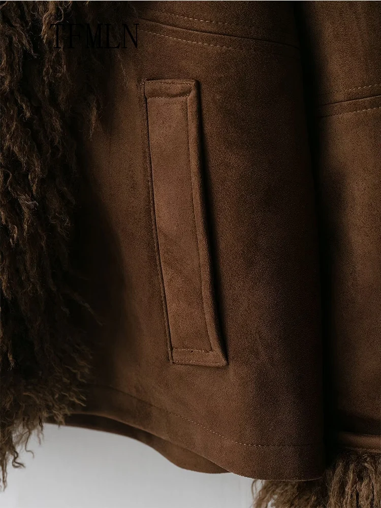 Warm Patchwork Faux Fur Jacket Women  2025 Autumn Winter Retro Covered Button Pockets Street Causal Coat Luxury Thick Outwear