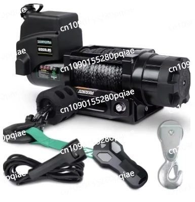 Electric Winch 12v 6000lbs Boat Trailer Winch with Remote Synthetic Rope 1/4 in x 55 ft Hook Wireless Remote Handlebar Switch,