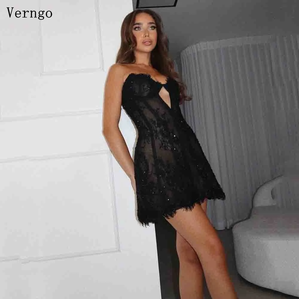 

Verngo Black Lace Mini Prom Gown Sweetheart A-line Slim Short Cocktail Dress Appliques Sexy Cut Out Birthday Party Dresses