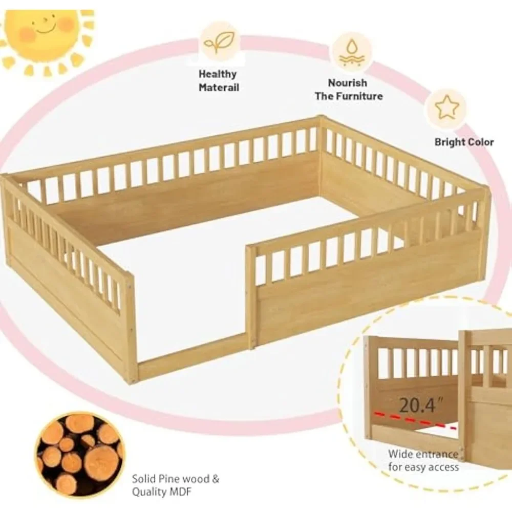 Lit au sol pour enfants, lit Montessori avec garde-corps à haute clôture, lit de maison de jeu en bois avec R64.pour bébés garçons filles adolescents