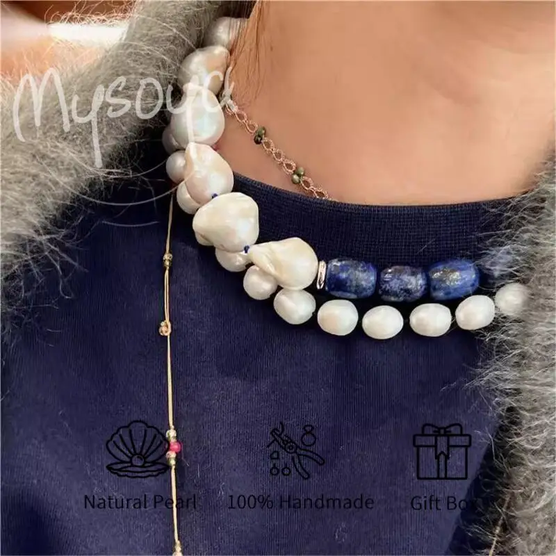 

MYSOYA 10-13mm Natural Baroque Pearl Lapis Lazuli Necklace With Gift Box Handmade DIY Jewelry Perfect Wedding Birthday Gift