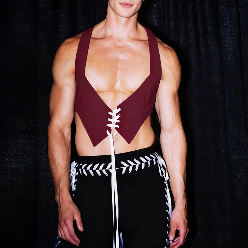 

INCERUN мужские жилеты на шнуровке в стиле пэчворк с v-образным вырезом без рукавов мужские жилеты уличная одежда 2026 сексуальные модные повседневные укороченные топы мужские S-5XL