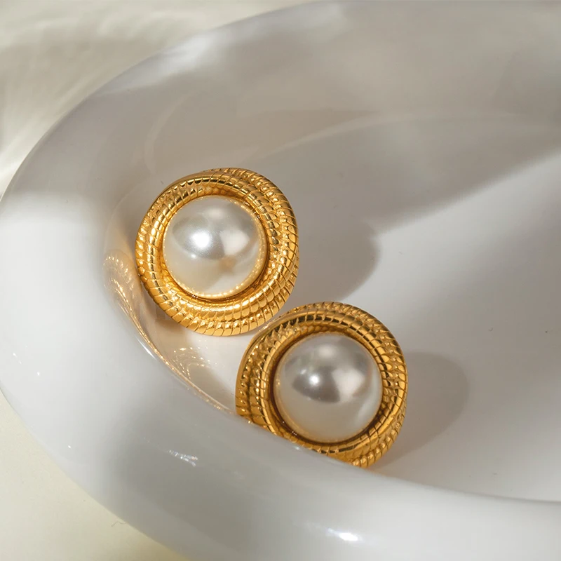 

PAPERPLUS | Big Round Pearl Earring for Women Stainless Steel Elegant Charm Jewelry for Office Lady 18k Gold Luxury 2025
