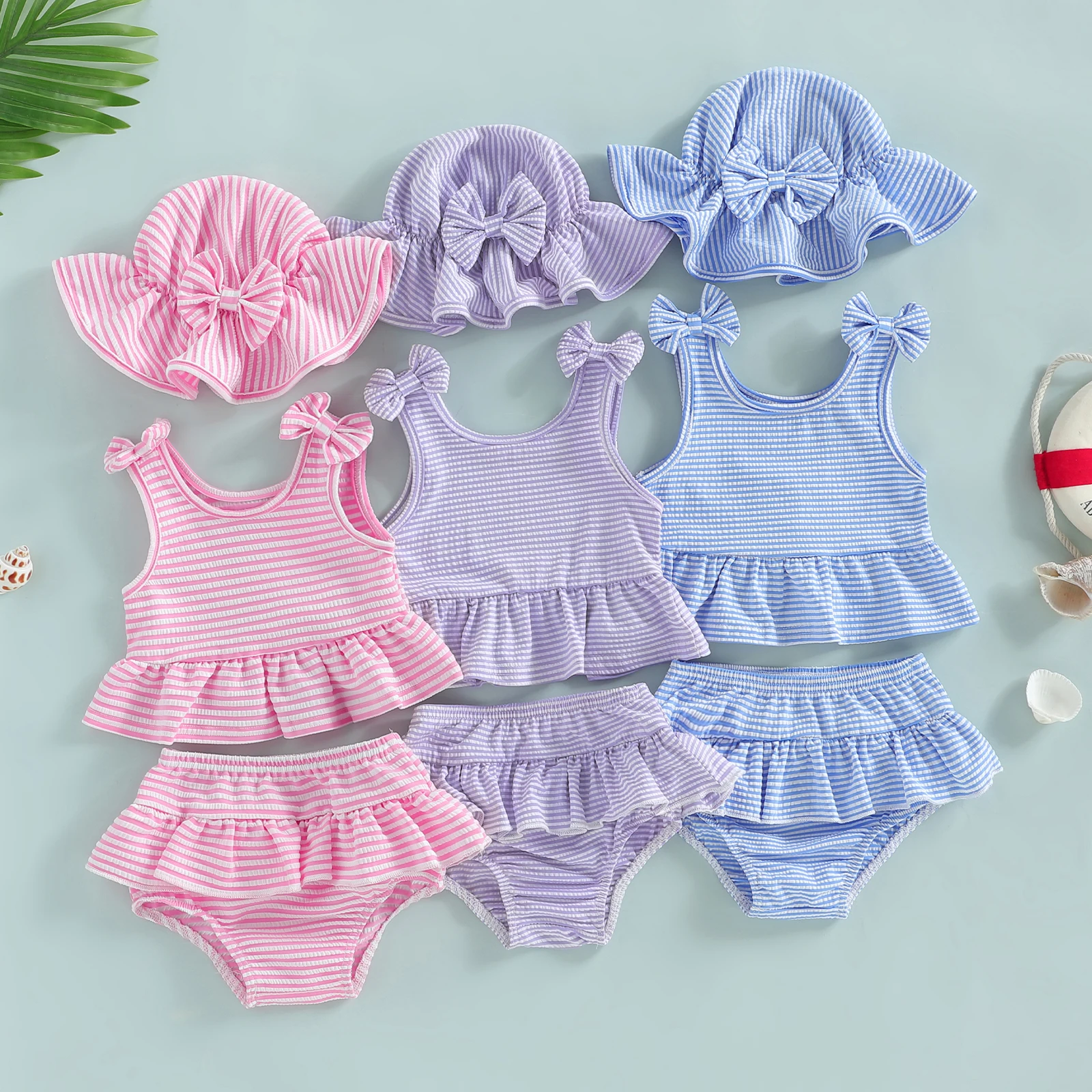 2026 Summer Toddler Baby Girl Striped Swimsuit Cute Fashionable Ruffle Tank Tops with Bottom Hat 3Pcs Bathing Suit Swimwear