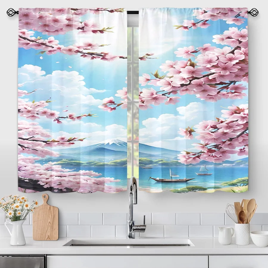 2PCS Digital Print Curtain, Japanese Cherry Blossom with Mount Fuji, Spring Floral Style for Bedroom Living Room Decor