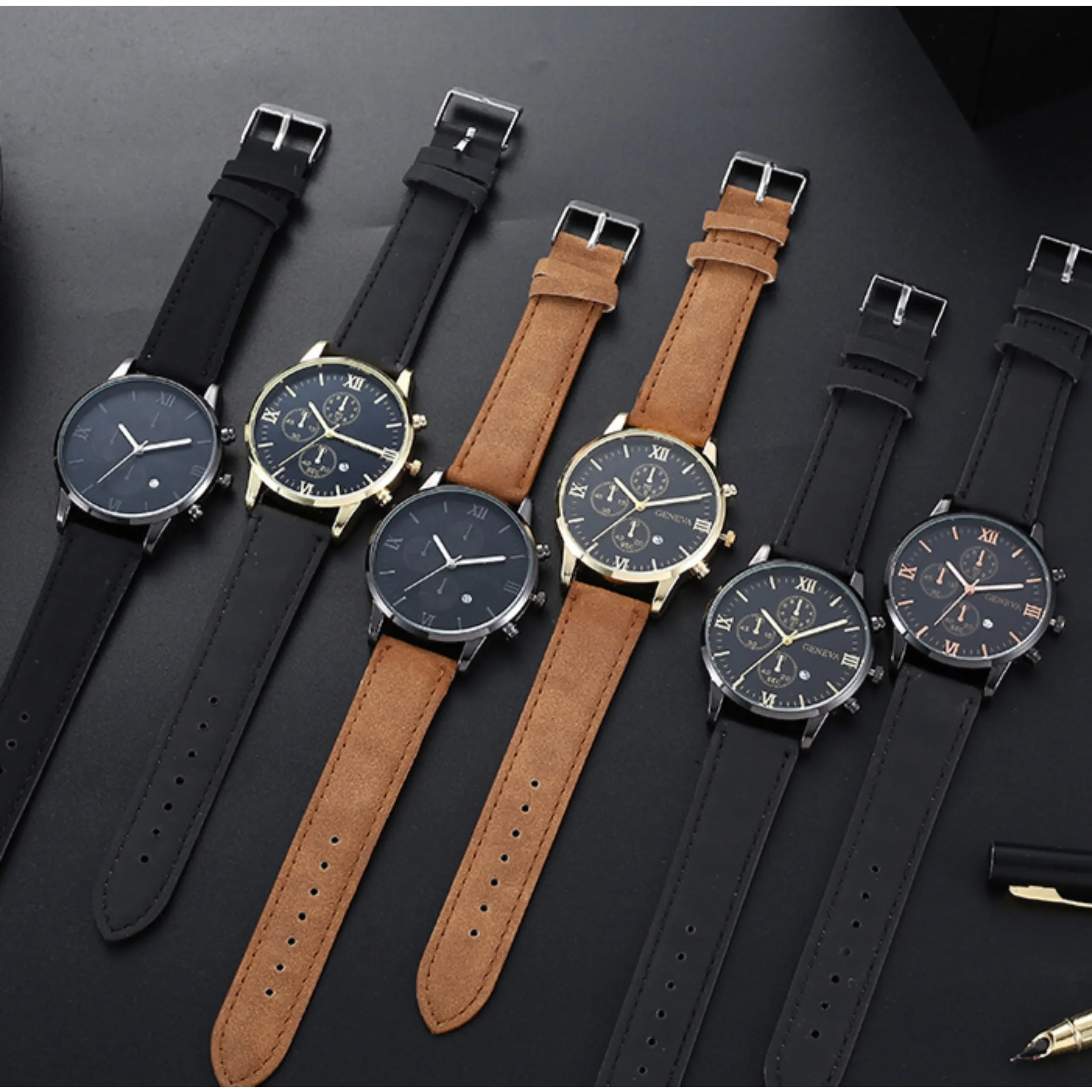 Fashion Geneva Men Date Alloy Case Synthetic Leather Analog Quartz Sport Watch Male Clock Top Brand Luxury Relogio Masculino