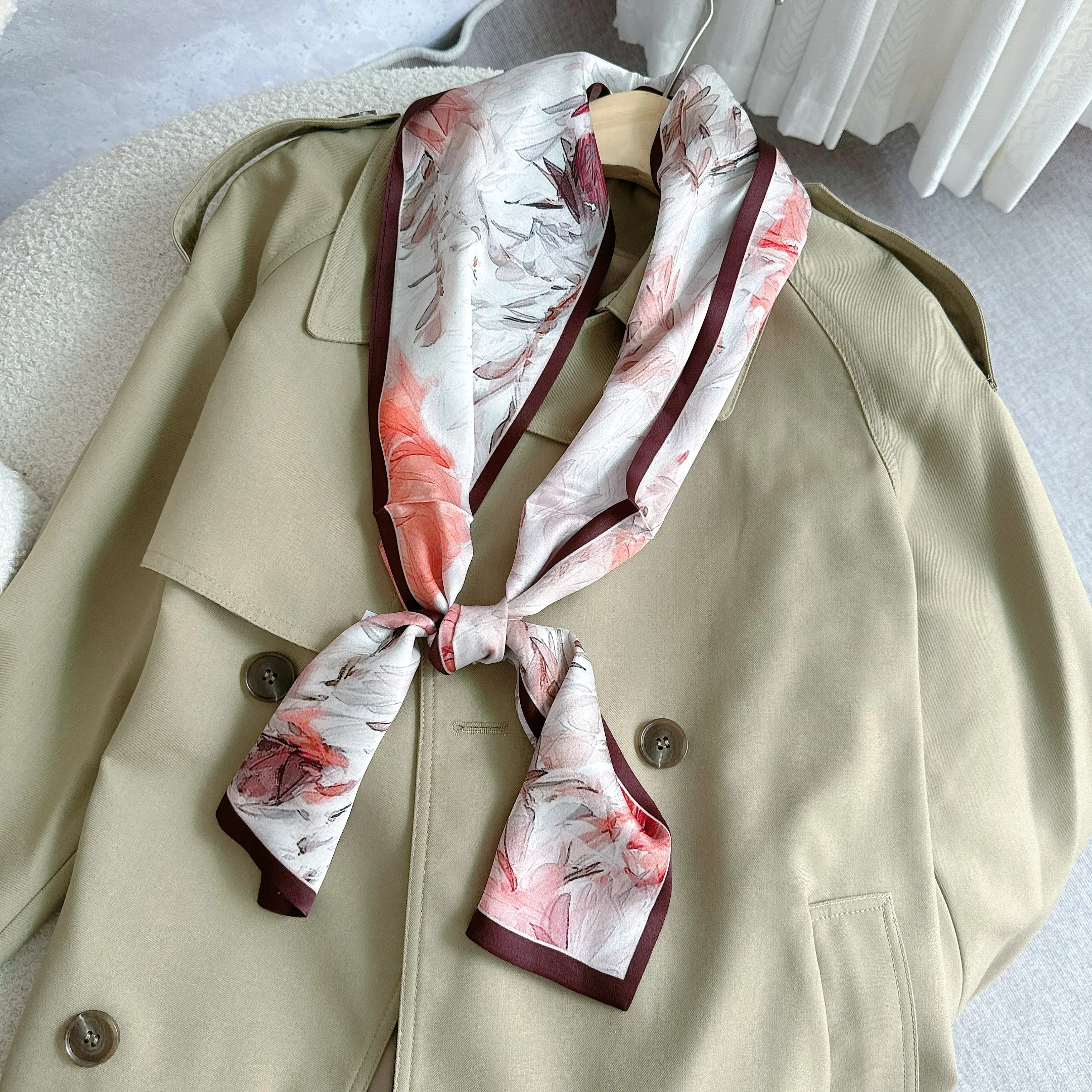 موضة النبيذ الأحمر الحرير وشاح للرقبة الراقية وشاح حريري طويل وضيق 100% الحرير الطبيعي العصابات الشعر للفتيات الشريط للشعر