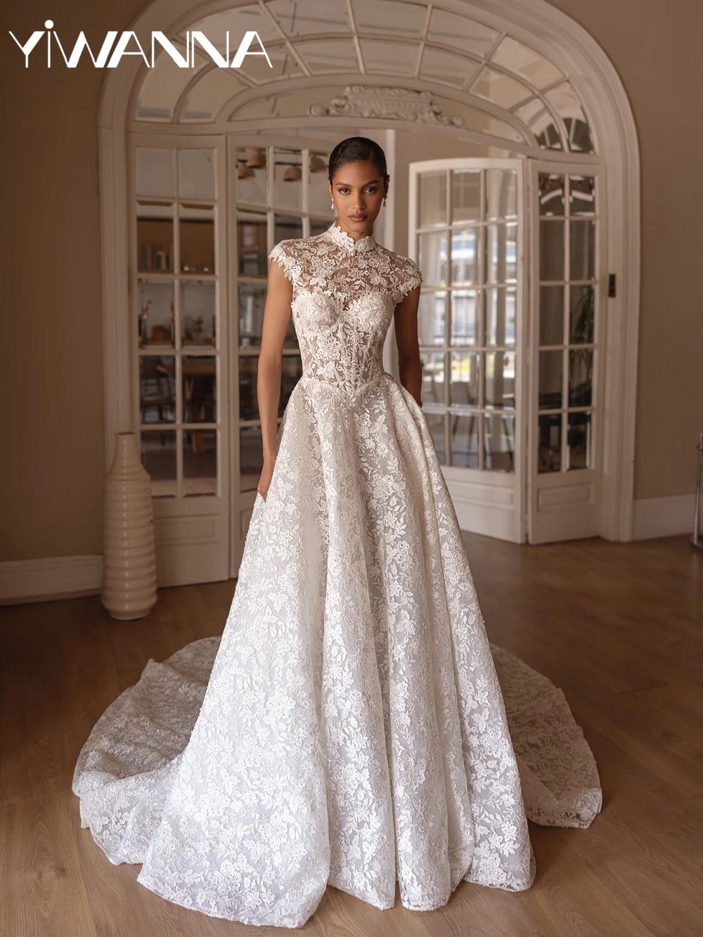

New Arrival Sequined Lace Appliques Wedding Dress Elegant High Collar Sleeveless Bridal Gown Customized Dresses For Bride