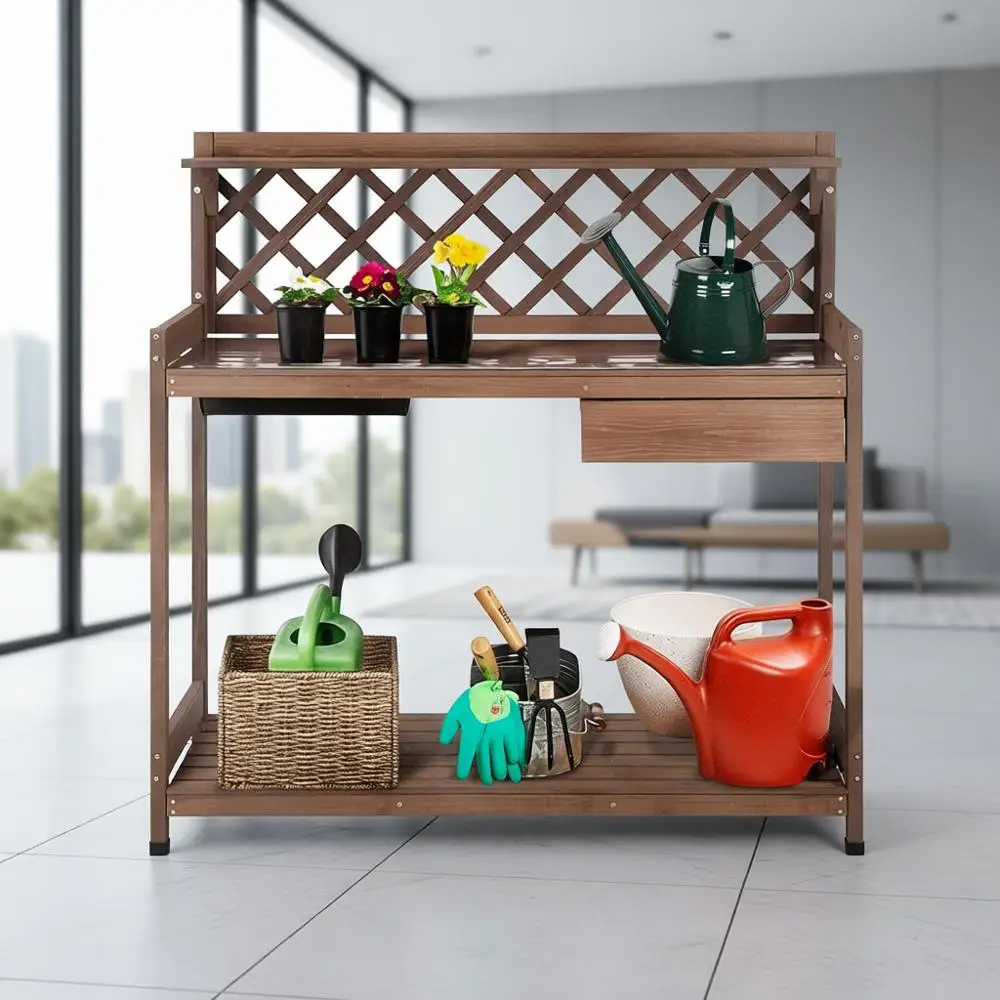 Potting Bench with PVC Layer, Sink, Lid, Gardening Work Bench Wooden Planting Table Outdoor with Storage, Drawer, Shelf, Hook