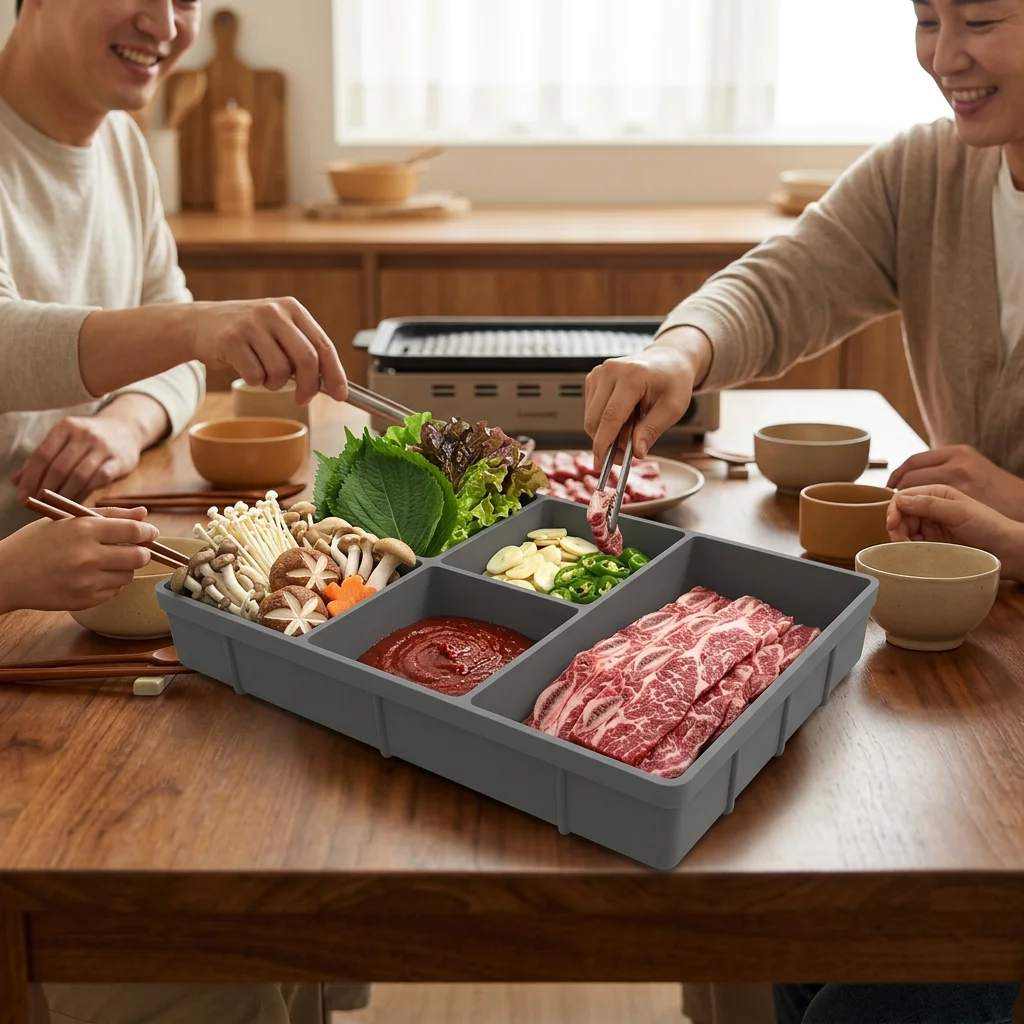 Prep Tray Flexible 5 Compartment Silicone Divided Platter for Korean BBQ Hot Pot Family Party Dishwasher Safe Shatterproof