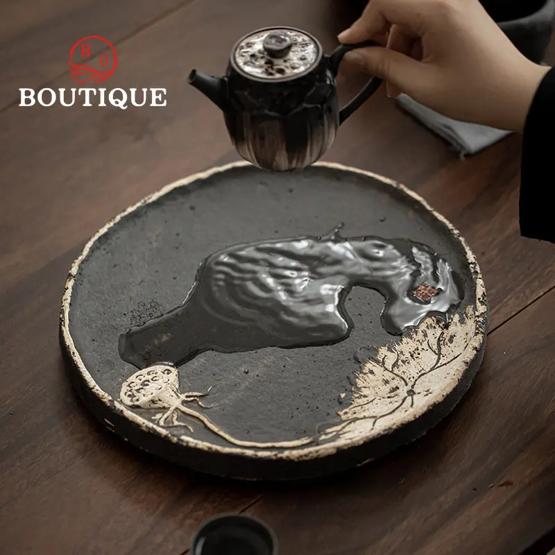 Retro Coarse Pottery Round Tea Tray Wabi-sabi Style Pot Bearing Plate Large Hand-embossed Lotus Dry Bubble Plate Kung Fu Tea Set