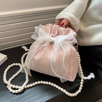 Chic Bowknot Canvas Crossbody Bag with Faux Pearl Chain - Versatile & Stylish Bucket Shoulder Purse for Women