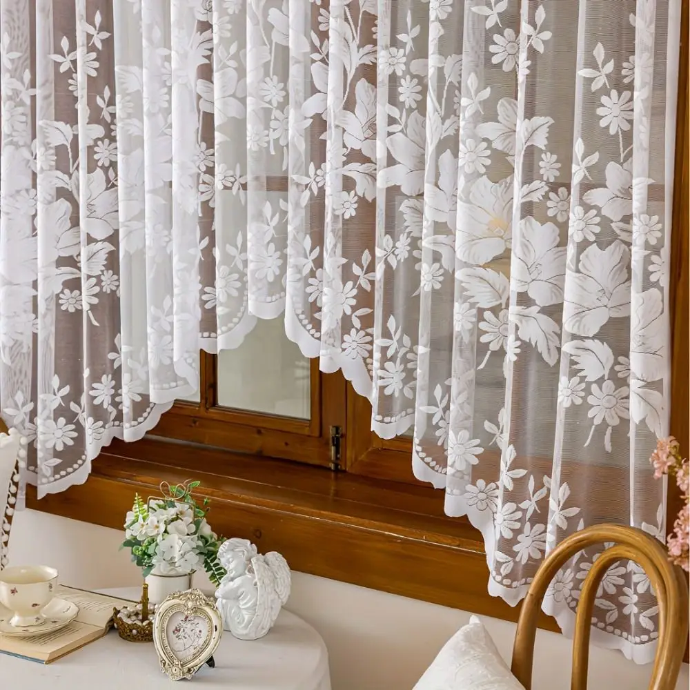 Flower Embroidered Sheer Curtain Light Filtering Privacy Embroidered Curtain Triangle Design Short Curtain Kitchen Window
