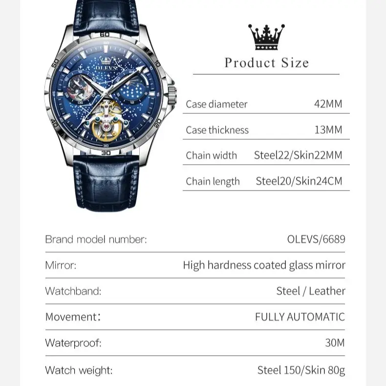 OLEVS Automatic Watch for Man Stainless steel Luminous Waterproof Leather Strap Calendar Luxury High-end Men Watch Original