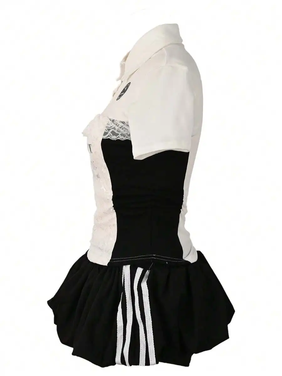 

Y2K Streetwear Women 2pcs Set Short Sleeve Top And High Waist Mini Skirt Black