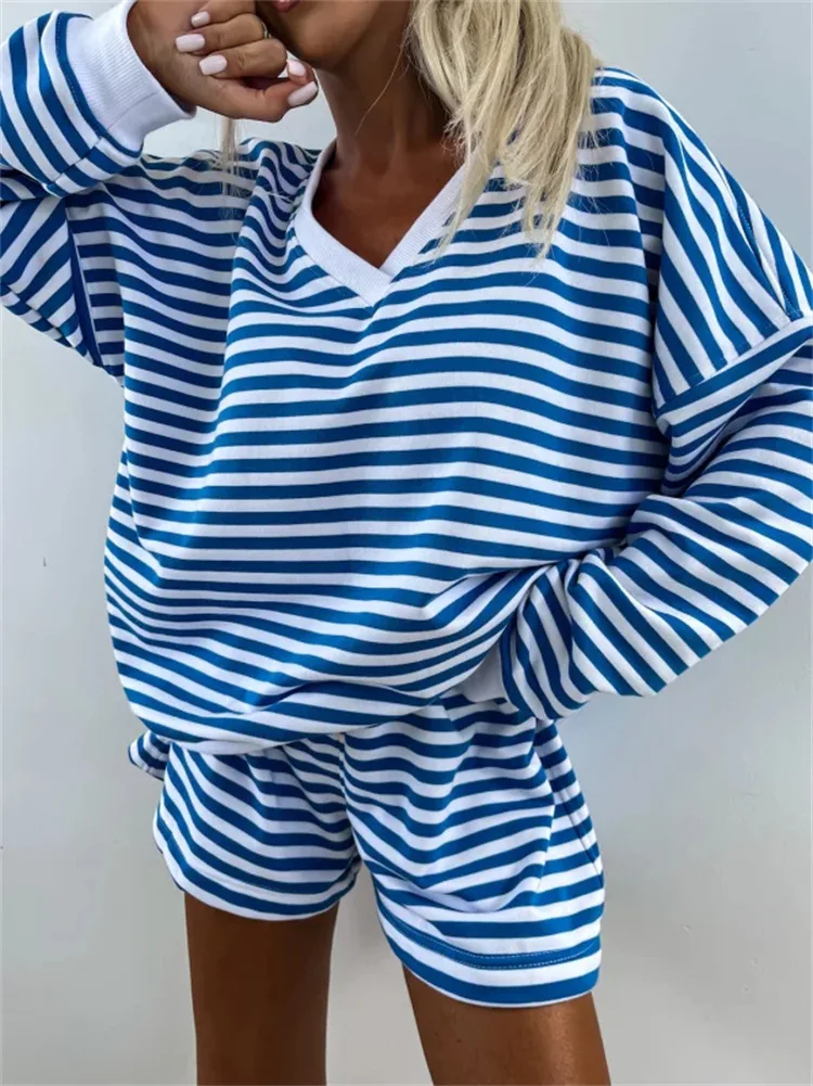 

Women's Striped Sports Two-piece Set Autumn Casual Long Sleeved V-neck Loose Top Shorts 2 Piece Suit Sweatshirt Outfit Oversized