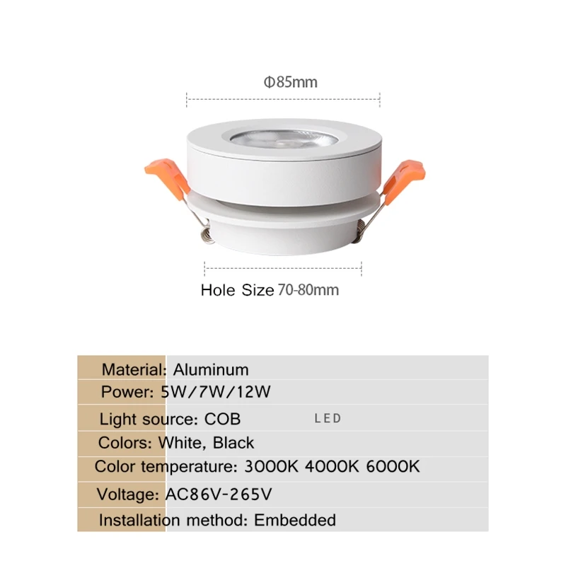 Dimmable spotlight led ceiling light 5W/7W/12W home aisle corridor turn-on light Nordic downlight embedded AC90V-260V