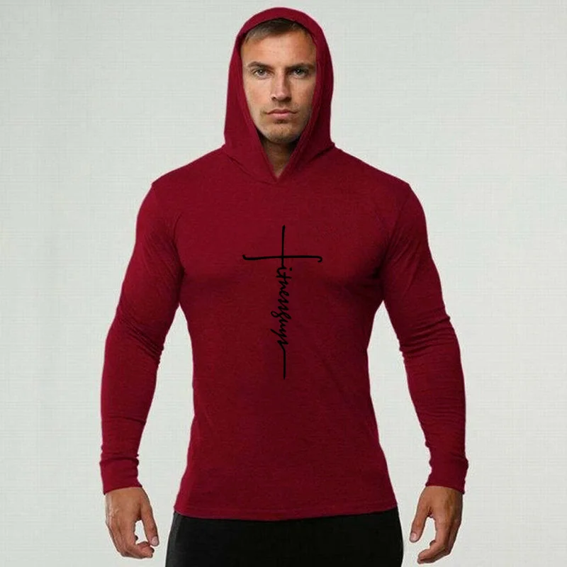 Cotton Hooded T Shirt Men Spring Autumn Long Sleeve Tshirt Casual Fitness Tops Tee Brand Training T-Shirt Men Slim Fit Gym Shirt