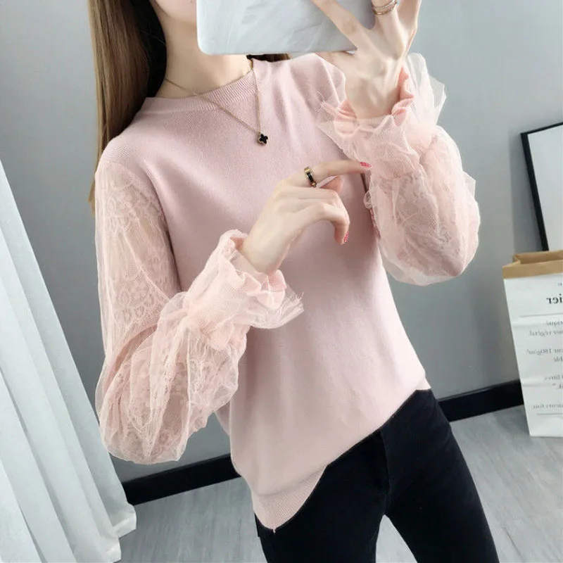 Mori Girl Style Lace Gauze Patchwork Thick Flare Sleeve O-Neck Multiple Colors Knitting Sweaters Ladies Autumn Clothing Grace