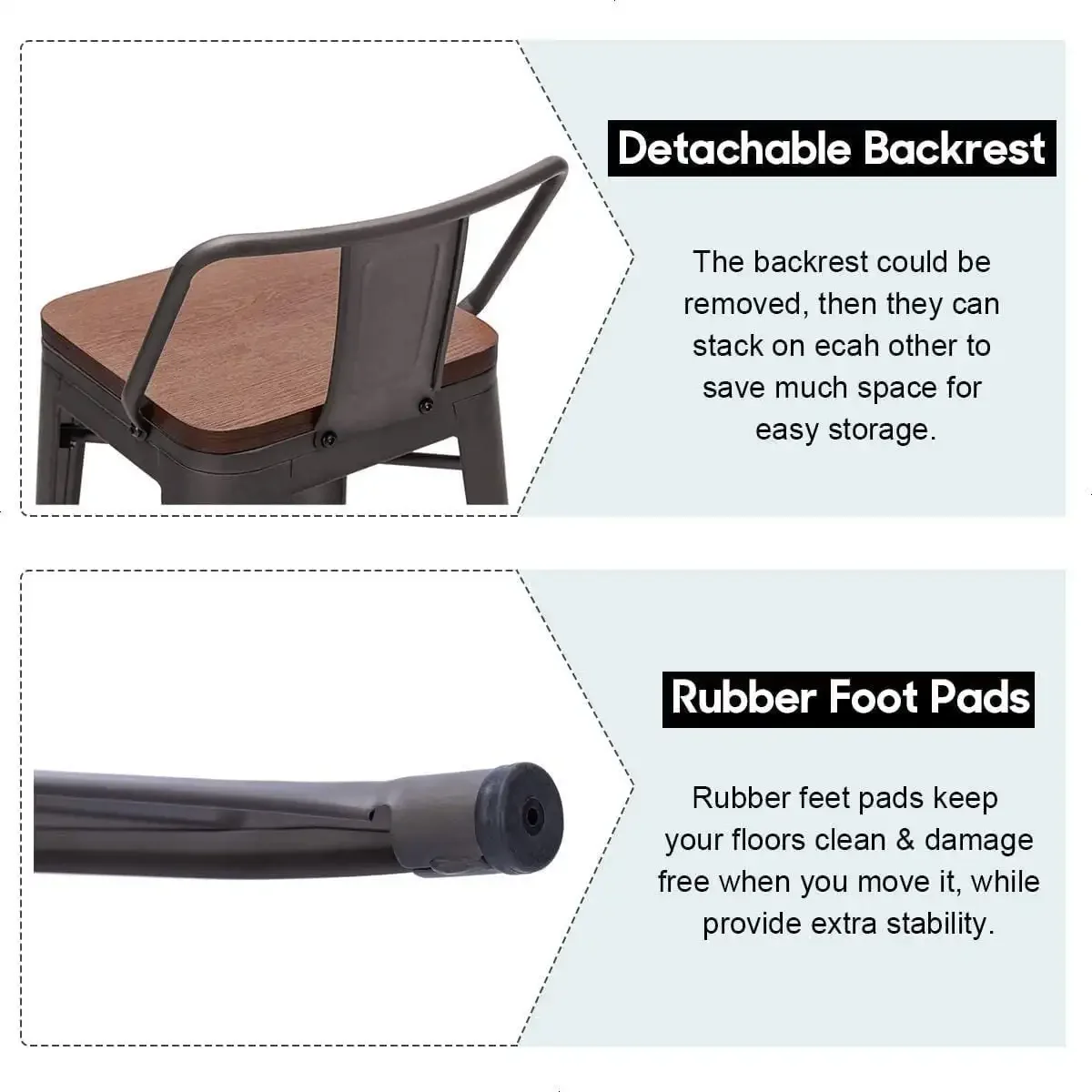 Kursi Bar Logam 24" Set 4 Bangku Tinggi Counter dengan Gunmetal Punggung Rendah Atas Kayu