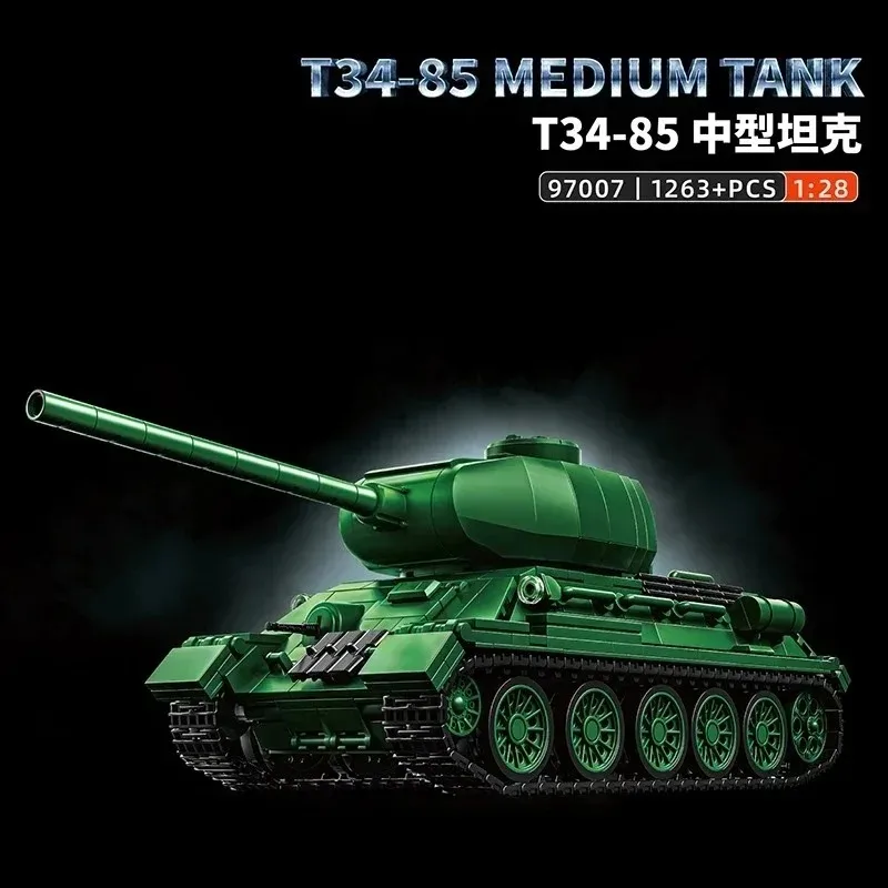 T34-85 Tank Model Kit 1263PCS 360° Turret Rotation Quick-Snap Modules Interior Minifigure MOC Tank Model DIY Toy Birthday Gift