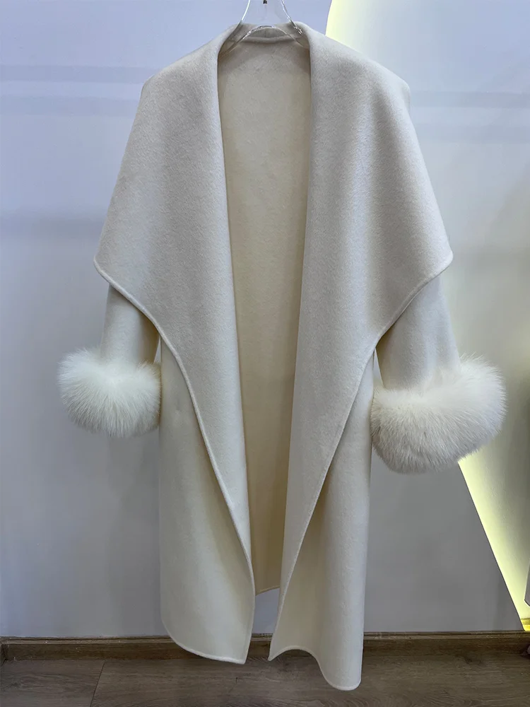 سترة صوف شتوية للسيدات لعام 2025 معطف فاخر من فرو الثعلب الحقيقي ملابس فضفاضة من الكشمير مزدوج