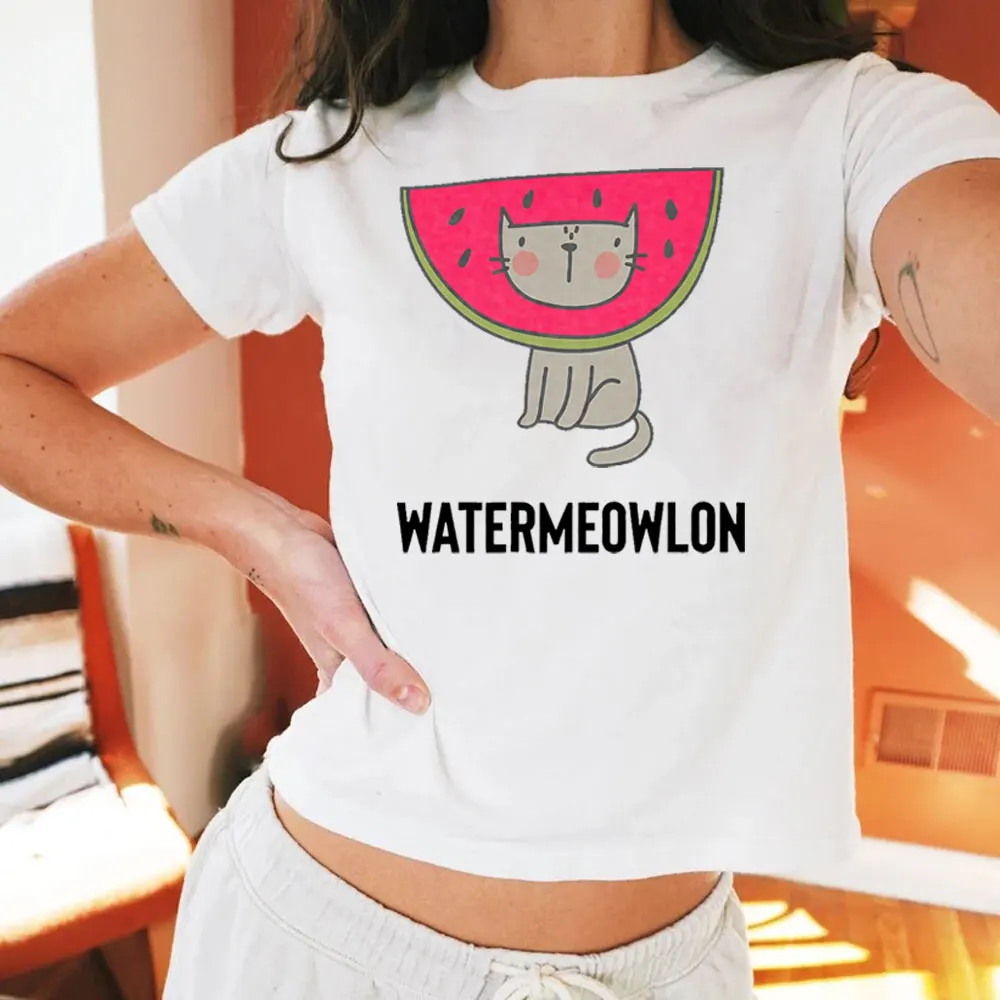 Kawaii Fun Cat Watermelon 100% Cotton Shirt Water Meowong Pun Gift Fruit Print T-shirt Y2k Harajuku Korean Women's Edition tops