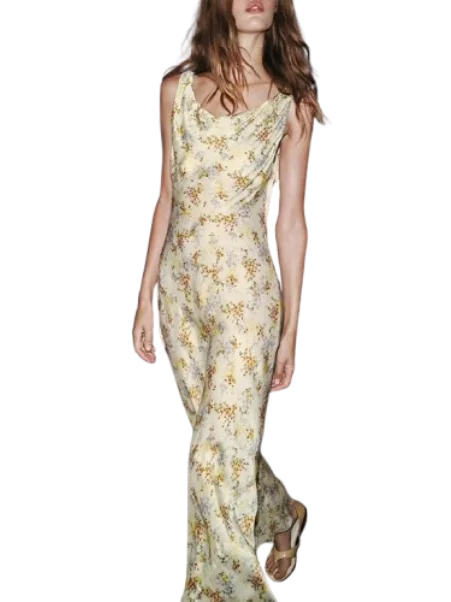 

Elegant Printed Maxi Dress Women's Style Versatile Satin Feel Summer City Commute High Waist A-Line Skirt Side Zipper