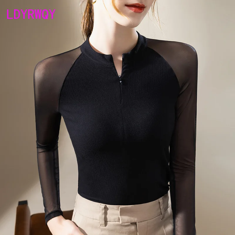 

Standing Collar Underlay Women's 2023 Autumn Women's Thread Spliced Mesh Temperament Layered Elastic Top T-shirt