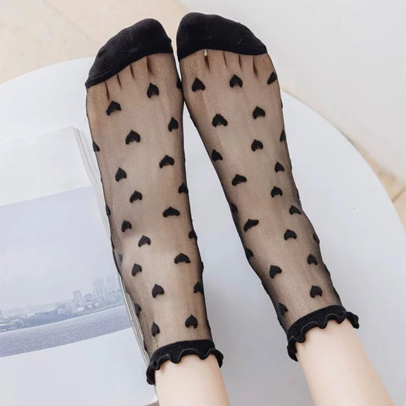 Black Heart Socks Women Girls Transparent Summer Ultrathin Silk Stocking Elastic Crystal Nylon Short Ankle Sox Ruffled Lace Sox