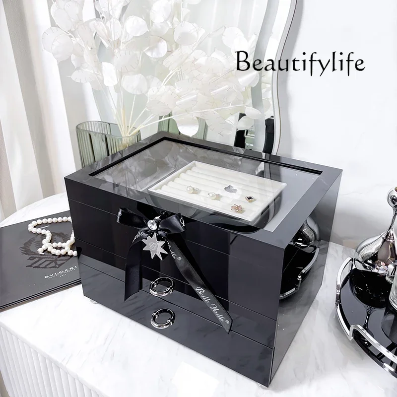 

Drawer type black transparent multi-layer flip large capacity jewelry box
