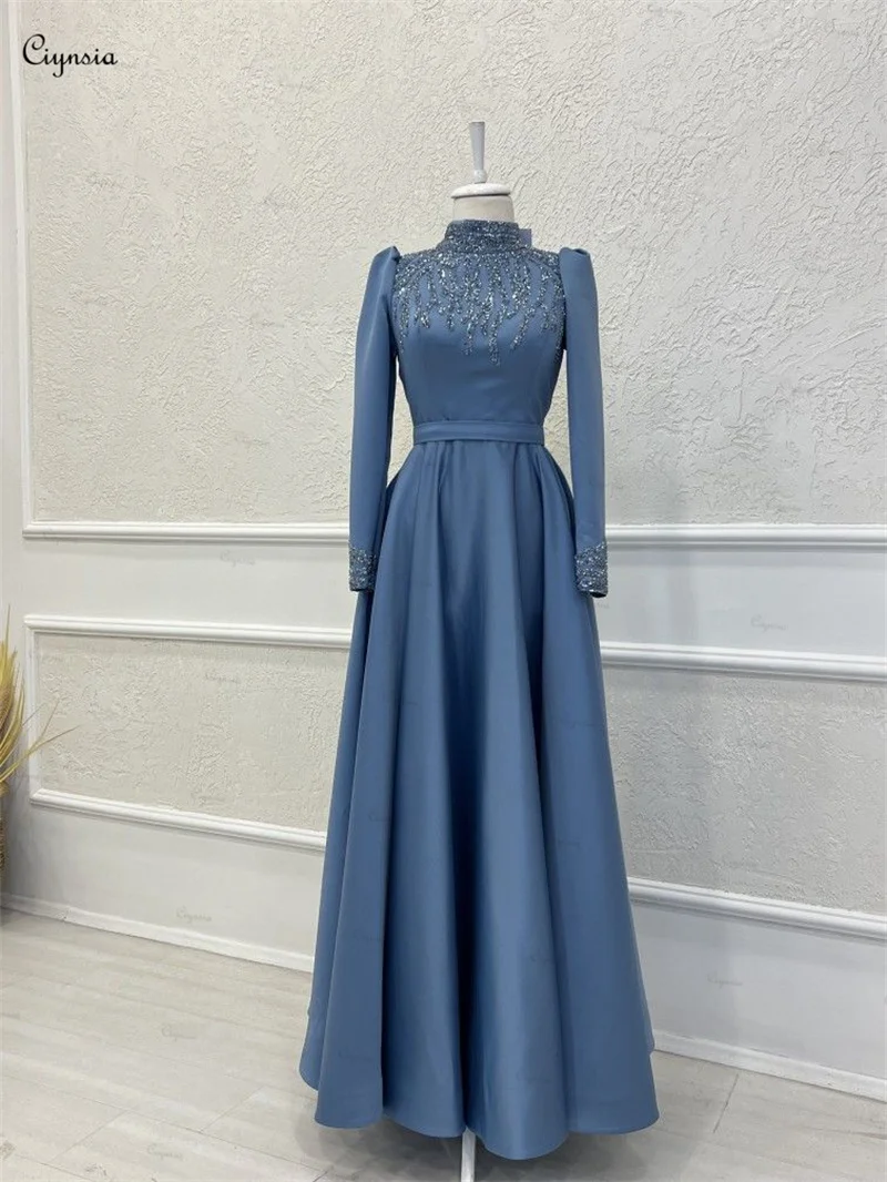 Ciynsia Long Sleeve Formal Evening Gown For Women Elegant Vestidos De Graduación A-Line Satin Beaded Ankle Length Prom Dresses