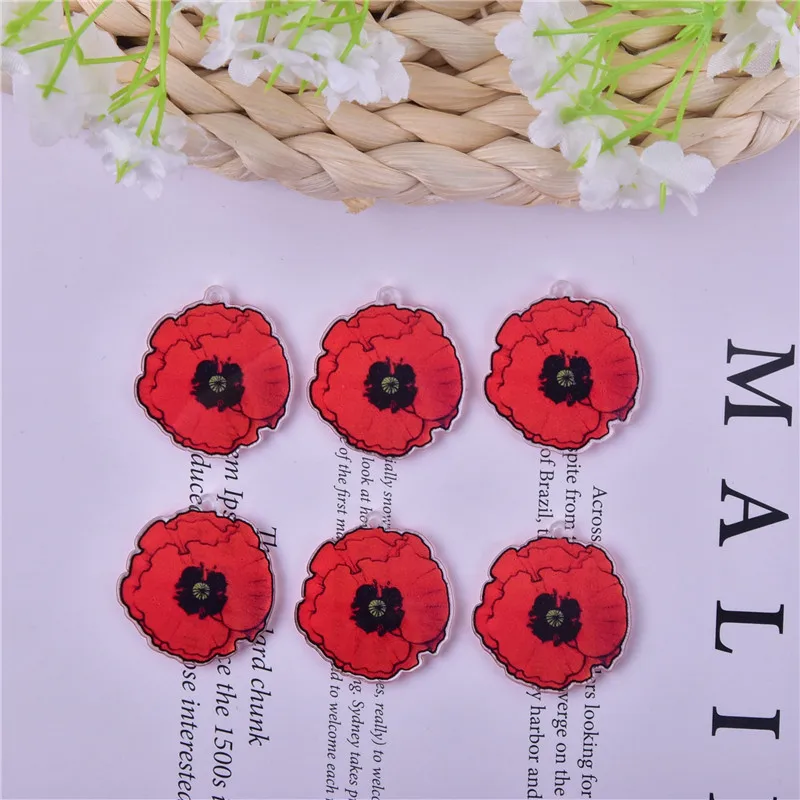 10pcs 29*32mm Poppy Flower Arcylic Charms for  Dangel Earring DIY  Jewelry Making Bulk Wholesale