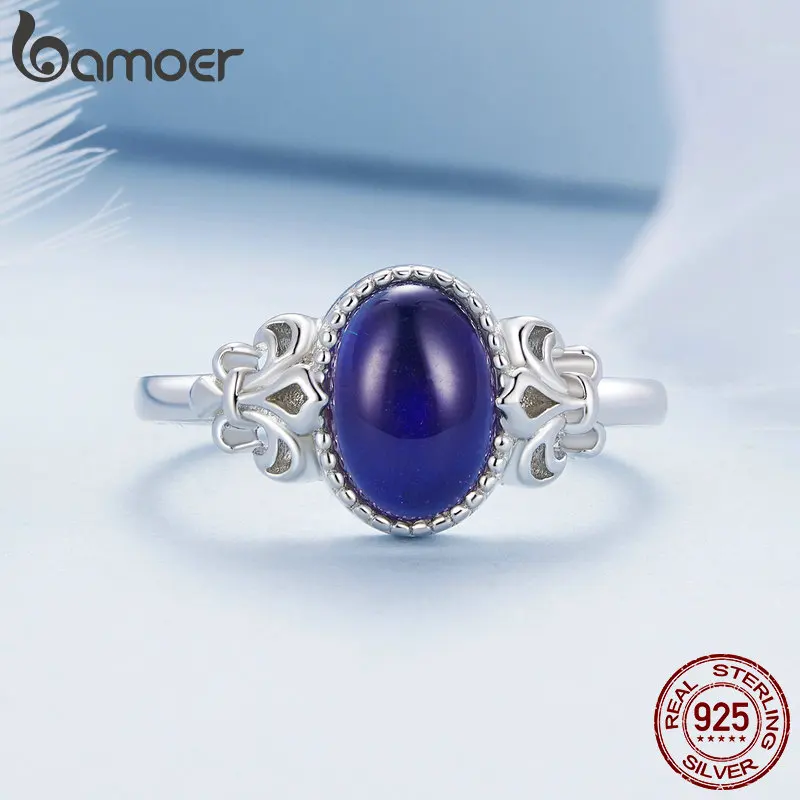 BAMOER-Oval Pedra Emoção Anel, Sólido 925 Sterling Silver, Mudança De Cor Mood Anel, Presente Jóias Finas, BSR454