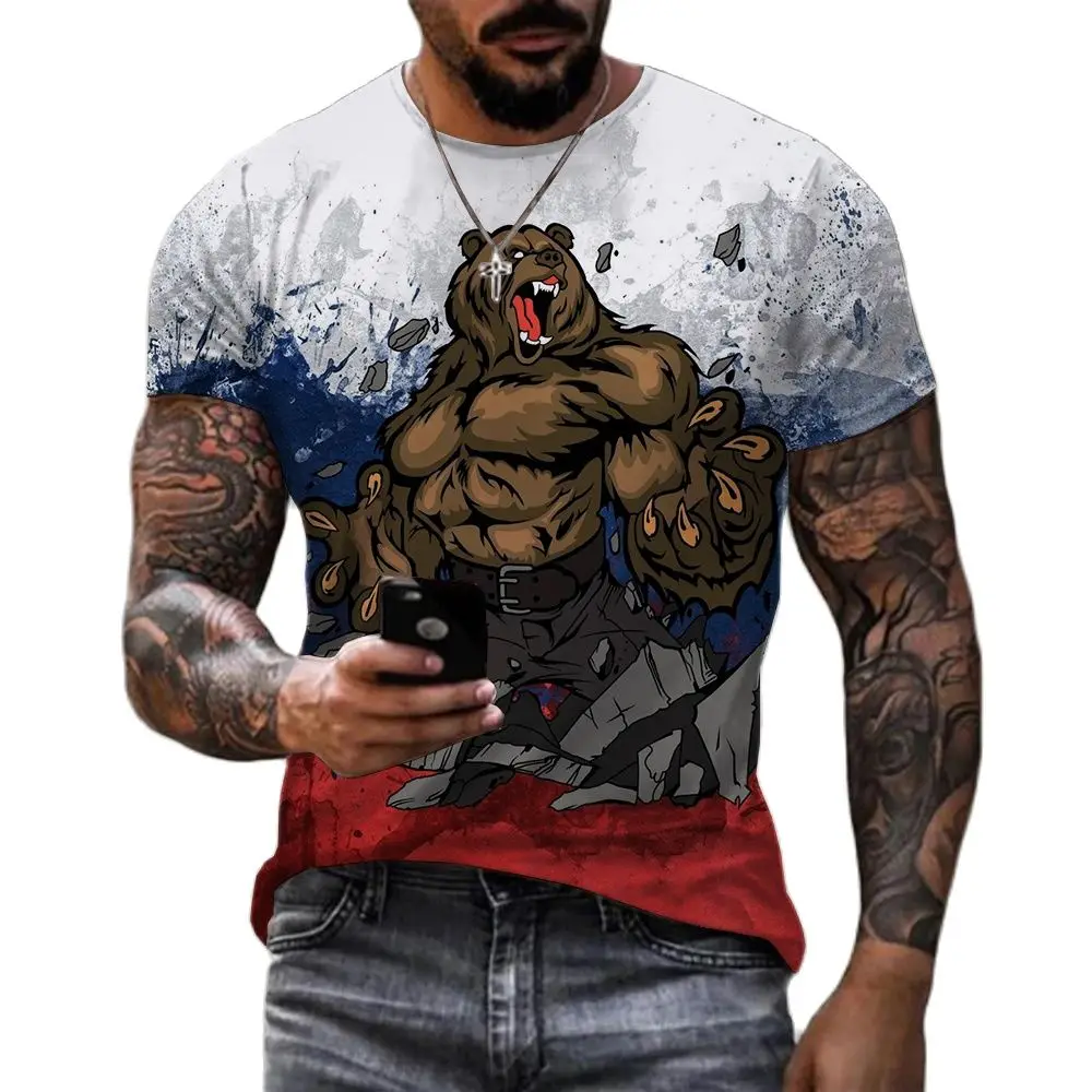 Camisetas con estampado 3D de oso ruso para hombre, cuello redondo, bandera rusa, manga corta, ropa de calle, Tops de gran tamaño, moda de verano