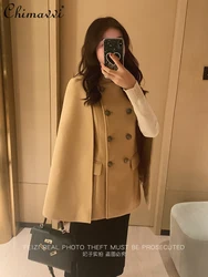 French Elegant Retro Hepburn Style Stand Collar Double-breasted Loose Temperament Commuter Woolen Jacket Cape Cloak Women Autumn
