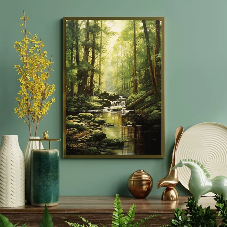 Misty Forest Reflection Calm Lake Sunlit Wildflowers Nature Landscape Nordic Poster Canvas Painting Wall Art Pictures Home Decor