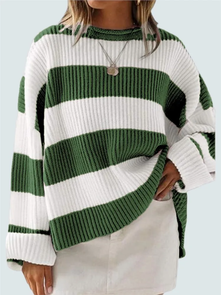 Fashion Bell Sleeve Loose Knitted Sweaters Y2k Preppy Style Casual O Neck Long Sleeve Striped Knit Sweater For Women Fall Winter image 2