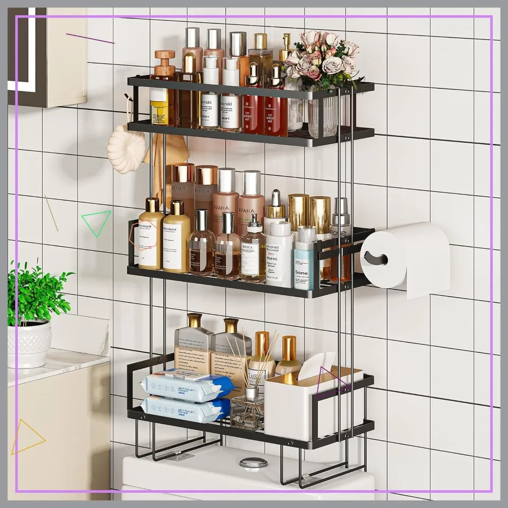 

3-Tier Wall Shelves Over Toilet with Paper Holder and Hooks, Bathroom Organizer Storage Floating Shelf for Women Gifts