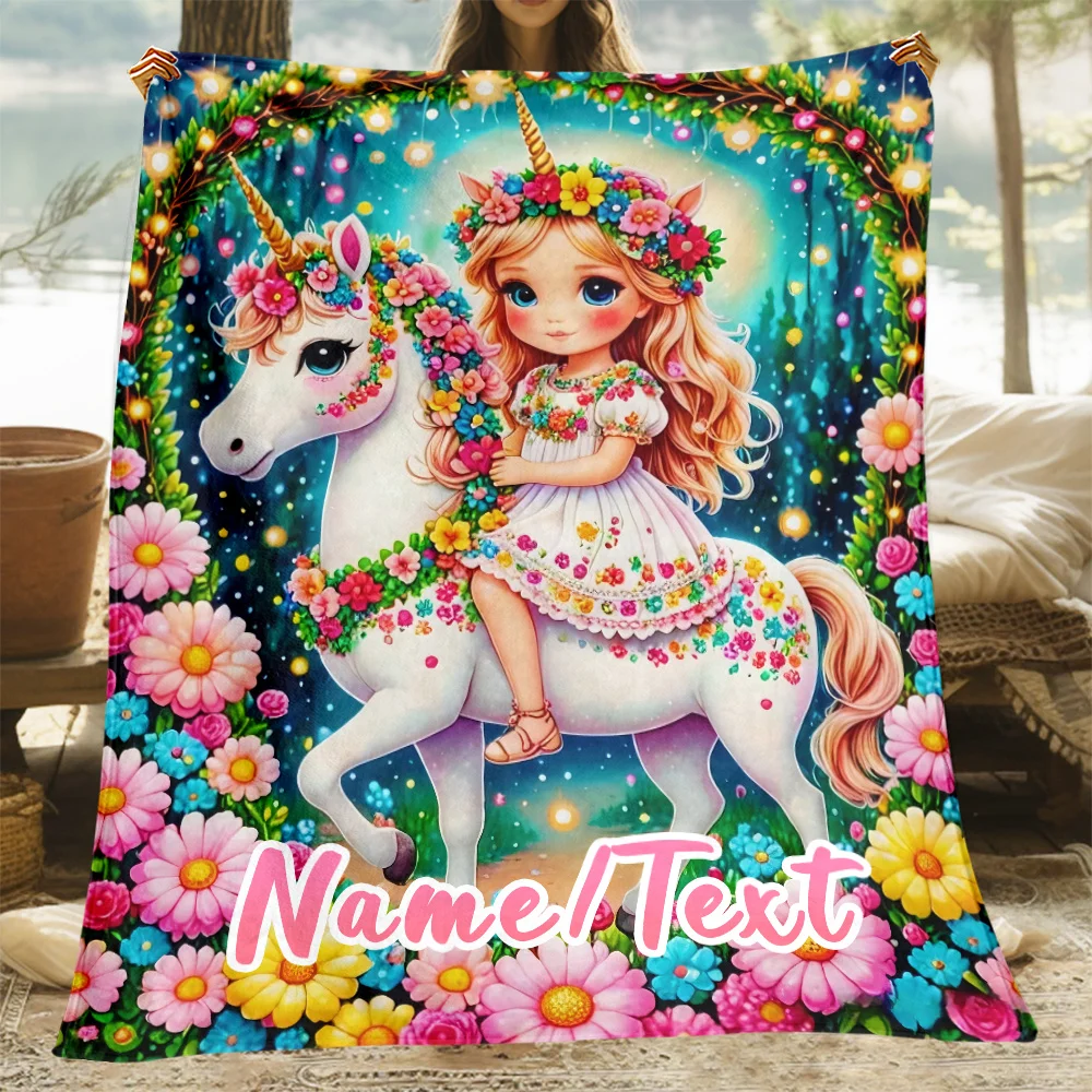 Personalized Unicorn Princess flannel blanket custom name, soft and warm, ideal gift for sofa bed travel, family and friends